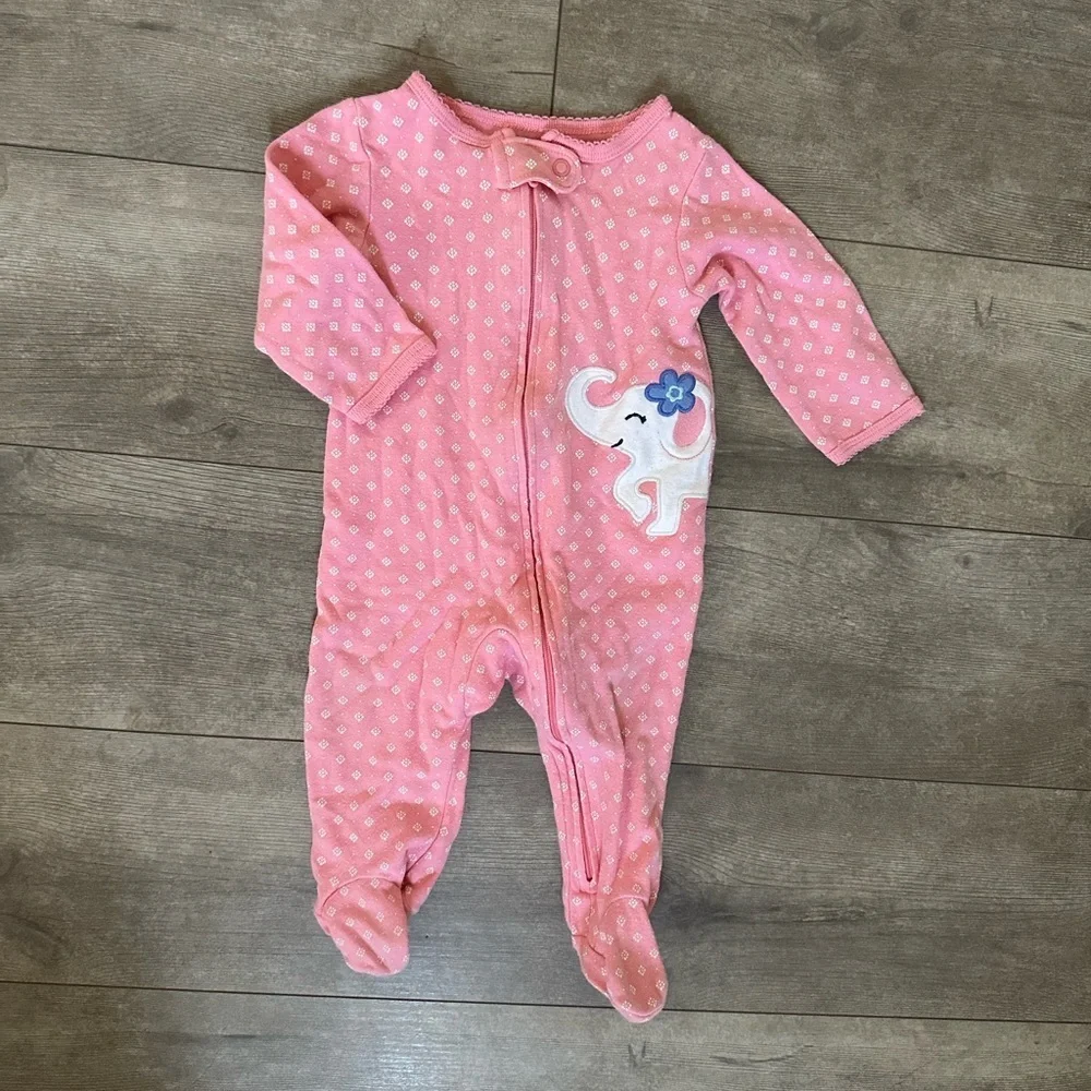 Carter's Pink Elephant Zip Up Footie Pajamas 6 Months Baby Girl